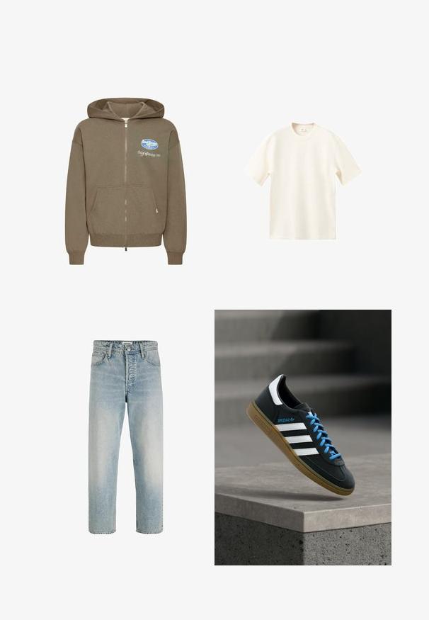 Sweat à capuche marron zippé avec capuche à cordon, poches avant et logo brodé en bleu et blanc sur la poitrine. Texture douce.; T-shirt blanc uni à manches courtes avec col rond et coupe décontractée, présenté sur fond blanc.; Jean droit bleu clair avec poches avant, passants de ceinture, braguette à fermeture éclair et fermeture par bouton, fabriqué par Jack & Jones.; Baskets Adidas noires avec des rayures blanches, des lacets bleus et une semelle en gomme flottant au-dessus d'une marche en béton grise sous une lumière douce.