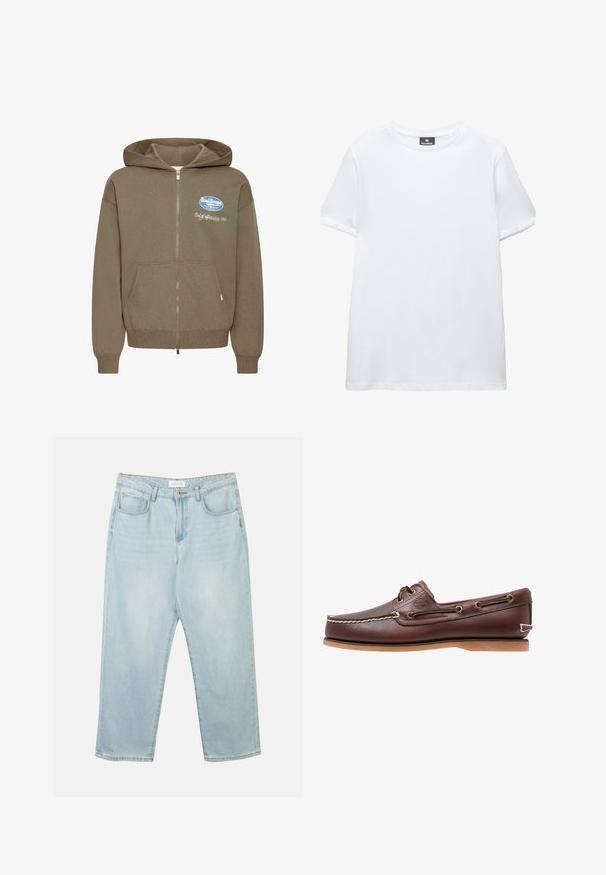 Sweat à capuche marron zippé avec capuche à cordon, poches avant et logo brodé en bleu et blanc sur la poitrine. Texture douce.; T-shirt blanc uni à manches courtes, col rond, avec une étiquette noire Pull&Bear à l'intérieur du col, présenté sur fond blanc.; Jean en denim bleu clair avec une coupe décontractée, cinq poches, une fermeture à bouton et un léger délavage. La texture est douce et légèrement usée.; Chaussure bateau en cuir marron avec coutures blanches, détails de lacets et semelle en caoutchouc beige, vue de côté sur fond blanc.
