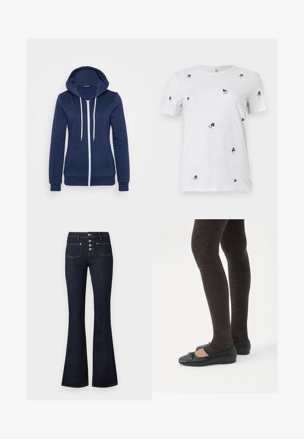 Mørkeblå hættejakke med hvide snore, frontlommer og ribbede manchetter. Blødt stof med en glat tekstur, som har et afslappet design.; Hvid kortærmet t-shirt med små, spredte blå blomsterbroderier og grønne stilke, rund hals, ensfarvet baggrund.; Mørkeblå jeans med høj talje og vidde ben, frontlukning med knapper, to forlommer og gule syninger på en lys baggrund.; Ben iført mørke ribbede leggings kombineret med sorte balletsko med små sløjfedetaljer på hvid baggrund.