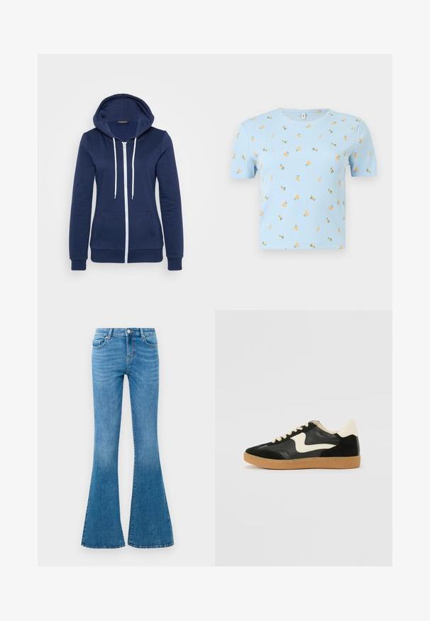 Cazadora de navy con cremallera y cordones blancos, bolsa en el frente y puños acanalados. Tejido suave con una textura lisa, que presenta un diseño casual.; Top corto de manga corta azul claro con costillas, escote redondo y pequeños patrones de frutas naranjas dispersos por la tela.; Jeans de mezclilla azul acampanados con una cintura de media altura, que cuentan con cinco bolsillos, un cierre de botón estándar y un ligero desgastado para dar textura.; Zapatillas de deporte de ante y cuero negro con un swoosh lateral en crema y un talón en crema claro. Presenta cordones beige y una suela de goma marrón.