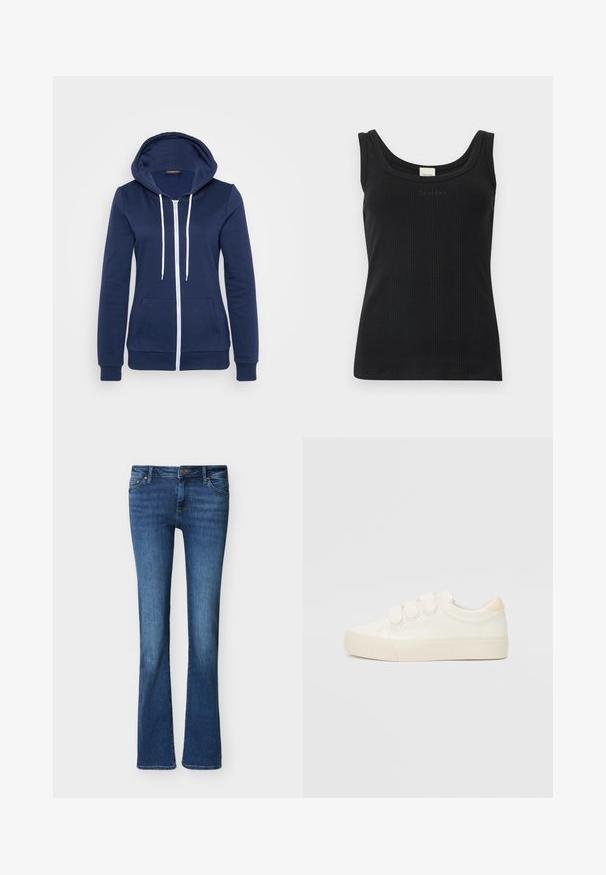 Cazadora de navy con cremallera y cordones blancos, bolsa en el frente y puños acanalados. Tejido suave con una textura lisa, que presenta un diseño casual.; Camiseta sin mangas negra con textura acanalada, escote redondo y logo "Calvin Klein" en el pecho, mostrada sobre un fondo blanco liso.; Vaqueros azul vaquero de corte bota con bolsillos delanteros, trabillas para cinturón y cierre de botón, mostrados sobre un fondo blanco liso.; Zapatillas blancas con un upper de material sintético liso, tres tiras de velcro, puntera redonda y suela de goma con textura. Acento trasero en beige.
