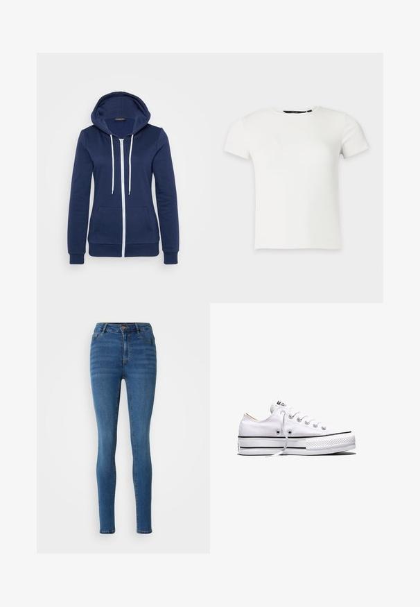 Cazadora de navy con cremallera y cordones blancos, bolsa en el frente y puños acanalados. Tejido suave con una textura lisa, que presenta un diseño casual.; Camiseta blanca de punto acanalado con mangas cortas y cuello redondo, presentada sobre un fondo liso gris claro.; Jeans ajustados de denim azul medio, con una cintura alta, bolsillos frontales y un ligero desteñido. Costuras en un tono dorado contrastante.; Zapatilla baja de lona blanca con cordones blancos, rayas negras en la suela y puntera de goma texturizada, vista lateral sobre fondo blanco.