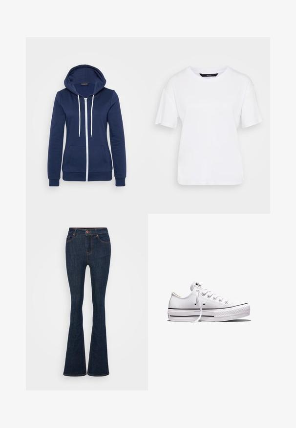 Haut à capuche zippé bleu marine avec des cordons blancs, poches avant et poignets côtelés. Tissu doux avec une texture lisse, arborant un design décontracté.; T-shirt blanc à manches courtes en coton. Présente un col rond et une coupe décontractée, avec un design simple et sans motifs ni accents visibles.; Jeans évasés en denim bleu foncé avec des coutures visibles, des poches avant et une fermeture à bouton. Texture lisse avec un léger stretch.; Baskets basses en toile blanche avec lacets blancs, semelle en caoutchouc, détails à rayures noires, et écusson logo sur la languette et le talon.