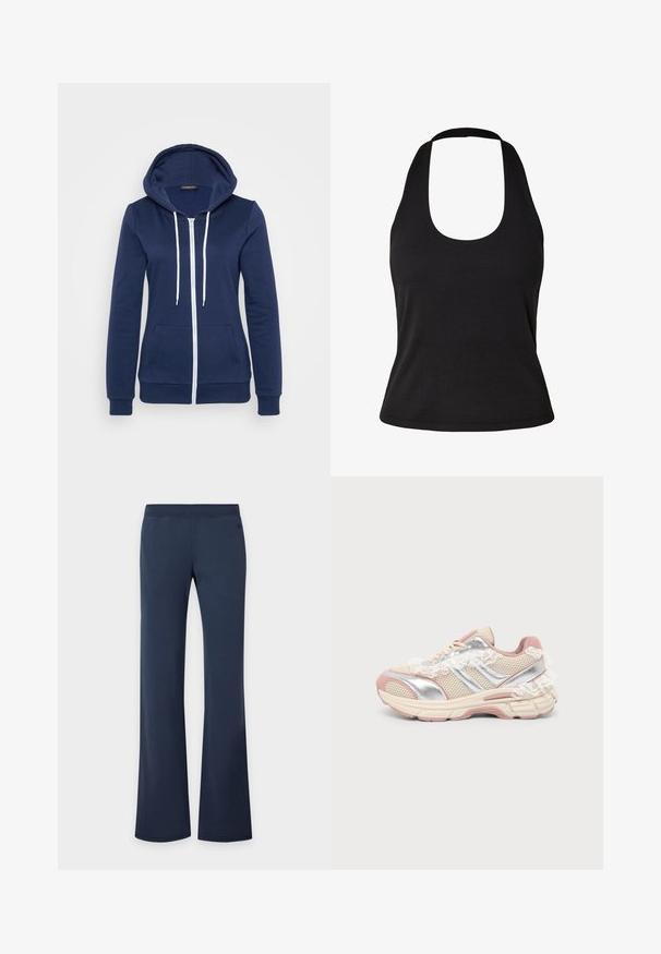 Cazadora de navy con cremallera y cordones blancos, bolsa en el frente y puños acanalados. Tejido suave con una textura lisa, que presenta un diseño casual.; Top halter sin mangas acanalado negro con escote redondo y cintura ajustada.; Pantalones azul marino de pierna recta con cintura elástica, mostrados sobre un fondo claro y liso.; Zapatilla deportiva en beige y rosa con detalles plateados, tejido de malla, suela gruesa y detalles decorativos de cordones blancos sobre un fondo claro y liso.