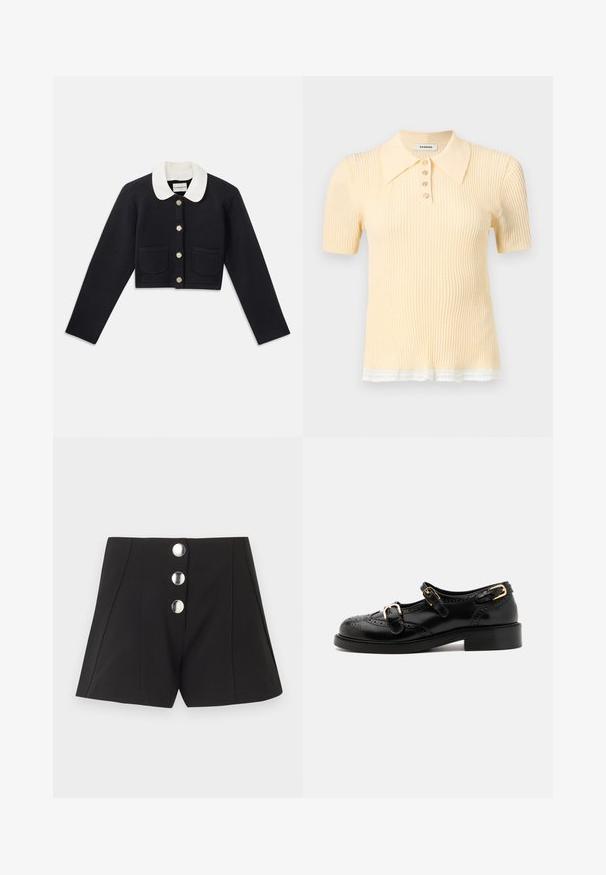 Veste marine cintrée avec un col blanc, des boutons dorés, deux poches avant et une finition en tissu texturé.; Polo en maille côtelée à manches courtes de couleur jaune pâle avec quatre boutons et bordure en dentelle blanche à l'ourlet.; Shorts noirs taille haute avec trois grands boutons argentés sur le devant et des coutures verticales apparentes.; Chaussures en cuir noir avec détails de brogue, dotées de deux sangles à boucle, d'un bout arrondi et d'un talon bas. Texture lisse avec finition brillante.