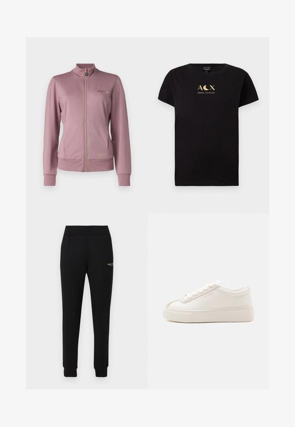 EA7 Emporio Armani Φούτερ με φερμουάρ - toadstool; Μαύρο βαμβακερό μπλουζάκι με κοντά μανίκια, διαθέτει σχέδιο χρυσού λογότυπου που περιλαμβάνει το κείμενο "ACX" και "ARMANI EXCHANGE".; Μαύρο στενό παντελόνι φόρμας με ελαστική μέση και τελειώματα, με μικρό χρυσό λογότυπο "Armani Exchange" στον δεξί μηρό.; Λευκό sneaker χαμηλού ύψους με χοντρή σόλα, κλείσιμο με κορδόνια στο μπροστινό μέρος και διακριτική επωνυμία Armani Exchange στο πλάι και στη σόλα, εμφανίζεται σε απλό φόντο.
