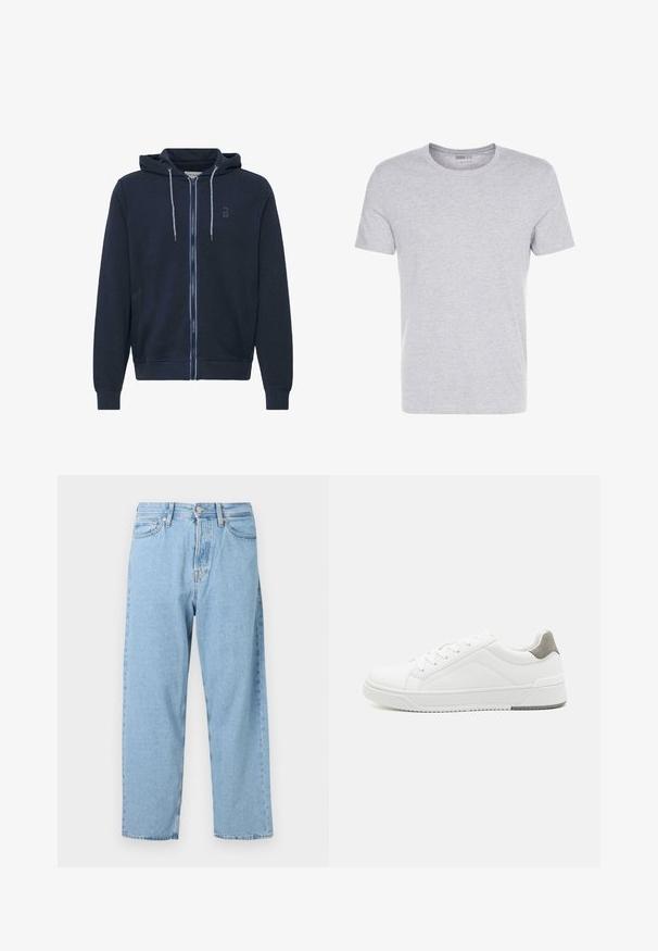 Sweat à capuche zippé marine avec cordon de serrage à la capuche, texture douce, et un petit logo noir sur la poitrine. Présente des détails de fermeture éclair bleue contrastante.; T-shirt en coton gris avec un col rond, des manches courtes et un design sobre, offrant une texture douce et lisse sans motifs ni embellissements visibles.; Jean taille haute bleu clair, coupe droite, avec cinq poches et une fermeture à bouton et zip à l'avant.; Basket blanche en cuir lisse, à bout arrondi, design minimaliste, accent de talon gris et semelle en caoutchouc texturé.