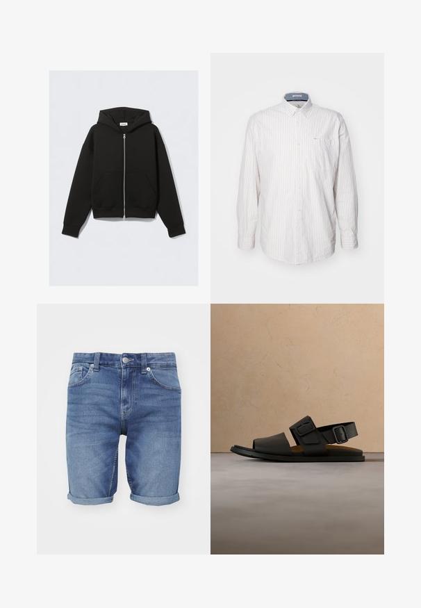 Sweat à capuche noir zippé avec poches avant, manches longues et capuche, posé à plat sur un fond clair.; Chemise à manches longues de couleur claire avec de fines rayures verticales. Présente un col boutonné et une poche poitrine. Fabriquée dans un tissu texturé.; Shorts en denim bleu clair. Dotés d'un design classique à cinq poches, de ourlets roulés et d'une fermeture à bouton en métal à la taille.; Sandale noire avec deux brides réglables, tige en cuir synthétique lisse, semelle intérieure coussinée marron, semelle plate en caoutchouc, et design à bout ouvert.