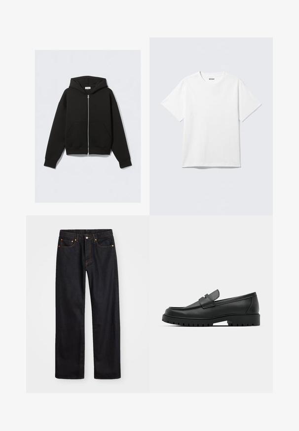 Sweat à capuche noir zippé avec poches avant, manches longues et capuche, posé à plat sur un fond clair.; T-shirt blanc à manches courtes et col rond, étalé à plat, design uni, avec l'étiquette "WEEKDAY" à l'intérieur du col sur un fond clair.; Jean en denim noir pour hommes, coupe droite, avec cinq poches et surpiqûres orange, fermeture par bouton et zip à la taille avant.; Mocassins en cuir noir à bout arrondi, avec un design cousu, une semelle plateforme basse et une semelle en caoutchouc texturée et crantée.