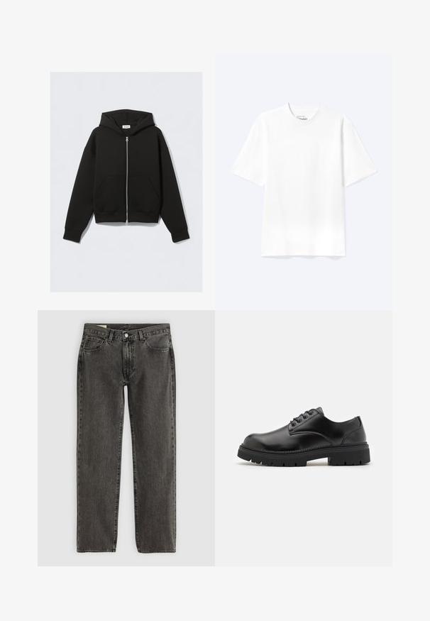 Sweat à capuche noir zippé avec poches avant, manches longues et capuche, posé à plat sur un fond clair.; T-shirt blanc uni à manches courtes et col rond avec une coupe décontractée, présenté sur un fond clair.; Jean droit noir délavé avec cinq poches, fermeture à bouton et passants de ceinture, posé à plat sur un fond blanc.; Chaussures en cuir noir avec un bout rond, un laçage et une semelle en caoutchouc épaisse et texturée. Présente des coutures le long du bord et une finition lisse.