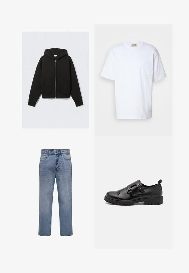 Sweat à capuche noir zippé avec poches avant, manches longues et capuche, posé à plat sur un fond clair.; T-shirt blanc à manches courtes en coton. Comprend une poche sur la poitrine et un détail de couture subtil sur la poche. Encolure ronde.; Jean droit en denim bleu clair avec fermeture par bouton et zip, poches à l’avant et à l’arrière.; Pier One Mocassins de ville - black