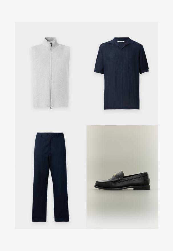 Lichtgrijs mouwloos vest met hoge kraag, voorrits en een gladde gebreide textuur. Eenvoudig ontwerp, geen extra patronen of accenten.; Samsøe Samsøe SATRAVIS POLO - Poloshirt - salute; Marineblauwe, rechte broek gemaakt van een katoenmix. Voorzien van een ritssluiting aan de voorkant, knoopsluiting en ceintuurlussen. Glad textuur.; Zwarte leren instapschoen met lage hak, gouden gespdetail en geperste merknaam aan de zijkant tegen een neutrale achtergrond.