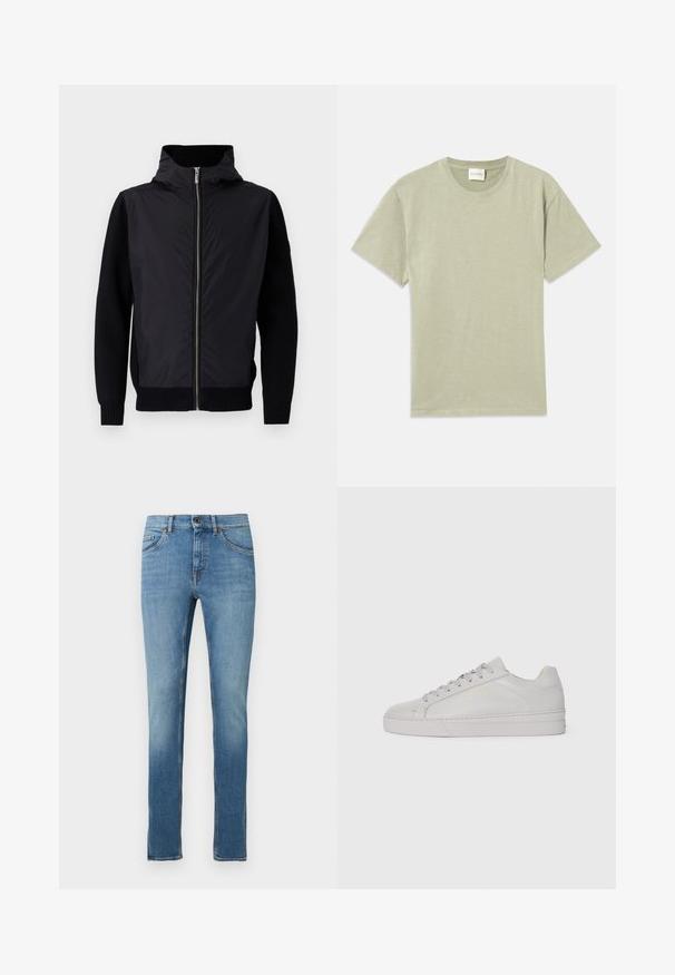 Chaqueta negra con cierre frontal, cuello alto y materiales mezclados: parte superior lisa y mangas y dobladillo de punto acanalado.; Camiseta de manga corta de color verde claro con cuello redondo y un pequeño logotipo bordado en la parte inferior izquierda delantera.; Jeans de mezclilla azul claro con diseño de pierna recta, con cierre frontal de botones, estilo de cinco bolsillos y detalles de costuras en contraste.; Zapatilla de cuero gris claro con una textura suave, punta redondeada, suela de goma plana y cordones tonales. Presenta una marca mínima en dorado.