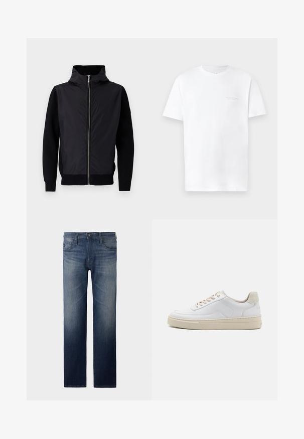 Chaqueta negra con cierre frontal, cuello alto y materiales mezclados: parte superior lisa y mangas y dobladillo de punto acanalado.; Camiseta de algodón blanca con mangas cortas, cuello redondo, con un sutil estampado de logo gris en la zona del pecho izquierdo y una textura suave.; Jeans de pierna recta en lavado azul oscuro. Presenta cinco bolsillos, cierre de cremallera y botón. Textura ligeramente desteñida en el muslo. Tejido de mezclilla.; Zapatilla blanca con parte superior de cuero suave, cordones beige y un tirador de talón de ante beige texturizado. Suela elevada para mayor altura.