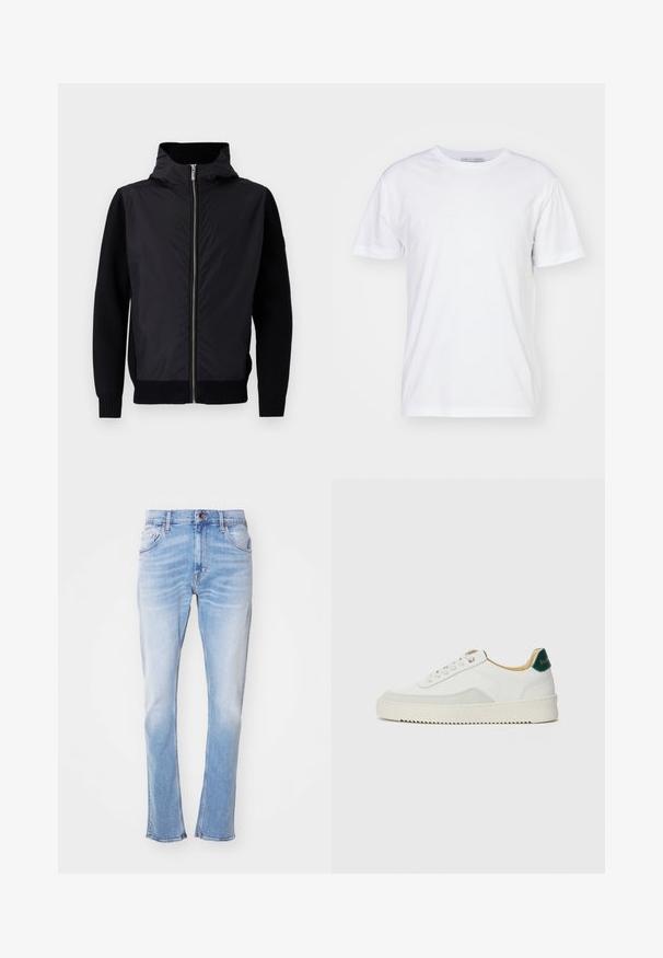 Chaqueta negra con cierre frontal, cuello alto y materiales mezclados: parte superior lisa y mangas y dobladillo de punto acanalado.; Camiseta de algodón blanca con escote redondo, mangas cortas y corte recto. Sin patrones ni adornos, textura suave y diseño sencillo.; Jeans de color azul claro fabricados en denim, con pierna recta, un sutil desgastado, cinco bolsillos y cierre de botón. Sin patrones o adornos visibles.; Zapatilla blanca con acentos de ante, puntera redondeada, cordones planos y suela de goma color crema. Presenta un logo verde en el talón.
