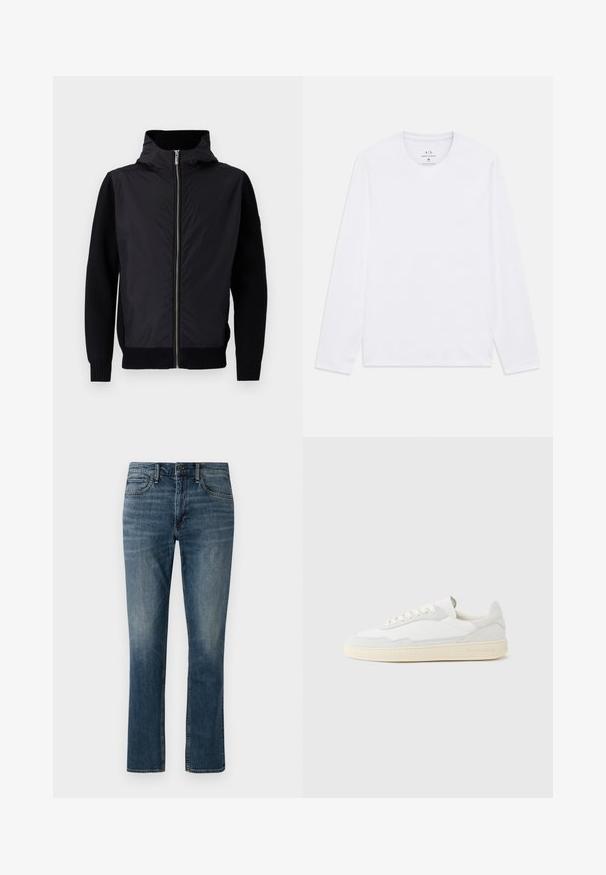 Chaqueta negra con cierre frontal, cuello alto y materiales mezclados: parte superior lisa y mangas y dobladillo de punto acanalado.; Camisa blanca de manga larga con cuello redondo y el logo de Armani Exchange impreso en el interior del cuello, talla mediana.; Jeans de mezclilla de color azul oscuro con pierna recta. Las características incluyen bolsillos frontales, un cierre de botón y un ligero desvanecimiento cerca de los muslos.; Zapatilla blanca con parte superior texturizada de ante y cuero. Presenta una puntera redondeada, cierre con cordones y suela de goma beige contrastante.