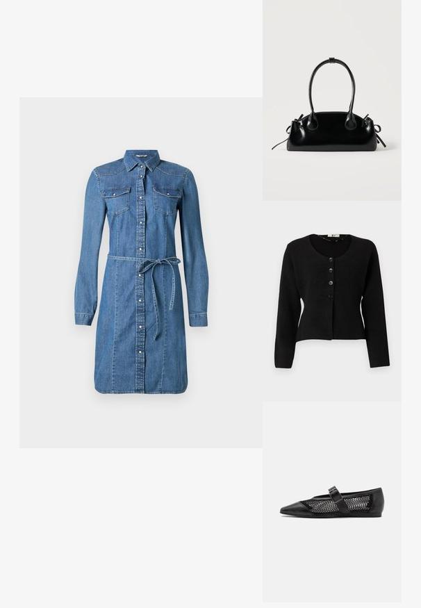 Cardigan noir en tricot avec des manches longues, un col rond et cinq boutons noirs à l'avant ; design court et tissu texturé.; Robe chemise en denim, bleu clair, manches longues, devant à boutons, deux poches poitrine, ceinture amovible, avec ourlet arrondi et accents de couture.; Chaussure plate noire avec un bout pointu, panneaux latéraux en maille et une sangle avec une boucle décorative. Fini lisse sur les sections du bout et du talon.; Petit sac à main noir brillant avec deux longues anses et des détails à cordon sur les côtés sur un fond clair uni.