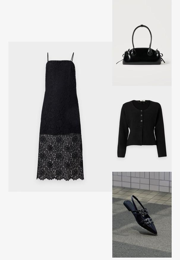 Cardigan noir en tricot avec des manches longues, un col rond et cinq boutons noirs à l'avant ; design court et tissu texturé.; Robe noire en dentelle avec des bretelles spaghetti, présentant des motifs floraux élaborés. Le ourlet est festonné, ajoutant du détail au design du tissu.; Sandale plate noire à bout pointu avec plusieurs sangles à boucle et un talon arrière, positionnée au-dessus d'une surface pavée et d'un mur carrelé en arrière-plan.; Petit sac à main noir brillant avec deux longues anses et des détails à cordon sur les côtés sur un fond clair uni.