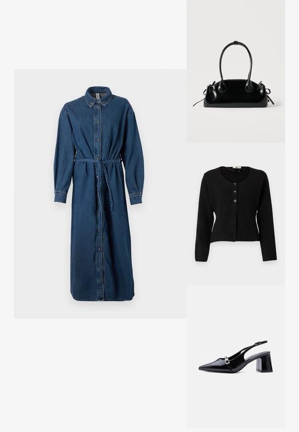 Cardigan noir en tricot avec des manches longues, un col rond et cinq boutons noirs à l'avant ; design court et tissu texturé.; Robe chemise en denim bleu foncé, avec un devant à boutons, un col, des manches longues, une taille élastique avec une ceinture assortie et des poches latérales.; Escarpin à bride arrière en cuir verni noir, bout pointu, petit talon bloc bas, avec deux petites boucles argentées sur les brides.; Petit sac à main noir brillant avec deux longues anses et des détails à cordon sur les côtés sur un fond clair uni.