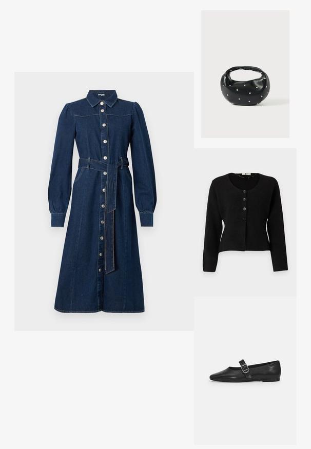 Cardigan noir en tricot avec des manches longues, un col rond et cinq boutons noirs à l'avant ; design court et tissu texturé.; Robe en denim bleu foncé avec des manches longues, fermeture à boutons sur le devant, col et une ceinture assortie à la taille ; présente des coutures discrètes et des poches.; Chaussure plate en cuir noir avec un bout arrondi, une seule sangle réglable à boucle et une texture lisse et brillante. Design minimaliste avec un petit talon.; Sac à main en cuir noir de forme arrondie, décoré de clous argentés et équipé d'une poignée courte. Texture lisse et fermeture éclair.