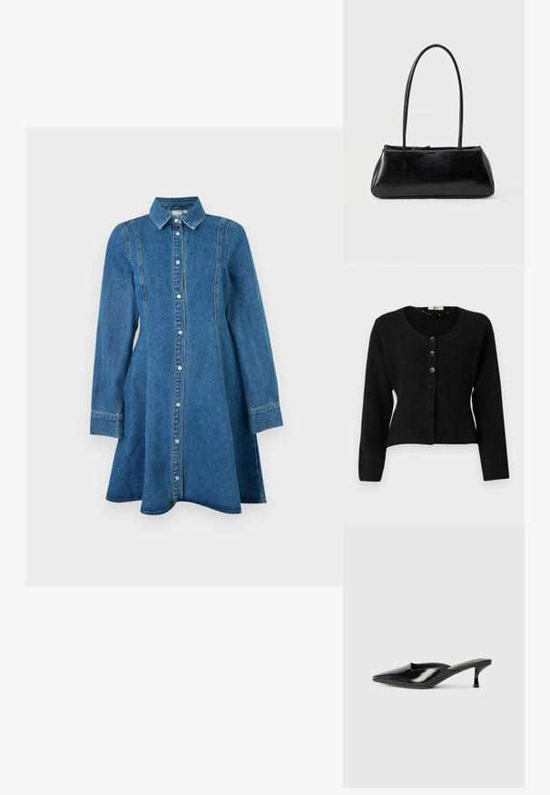 Cardigan noir en tricot avec des manches longues, un col rond et cinq boutons noirs à l'avant ; design court et tissu texturé.; Robe en denim bleu à manches longues avec col, fermeture boutonnée sur le devant et détails de coutures, s'évasant légèrement à l'ourlet.; Mules en cuir verni noir avec un bout pointu, un petit talon et des côtés courbés, présentant une finition brillante et un design minimaliste.; Sac à épaule rectangulaire noir avec de longues bretelles fines et une texture lisse et brillante sur un fond uni.