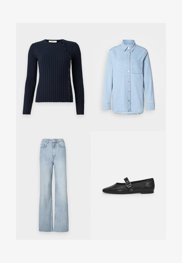 Marineblauwe gebreide trui met lange mouwen, ronde halslijn en knoopsluiting aan de linkerkant. Gemaakt van een zachte breimaterialen.; Lichtblauwe denim shirt met een knoopsluiting aan de voorkant, puntige kraag, één borstzak en lange mouwen met knoopmanchetten.; Lichtblauwe spijkerbroeken met een hoge taille en flared model, uitgerust met voorzakken en subtiele stikseldetails langs de benen.; Zwarte leren platte schoen met een ronde neus, een enkele verstelbare gespsluiting en een gladde, glanzende textuur. Minimalistisch ontwerp met een lage hak.