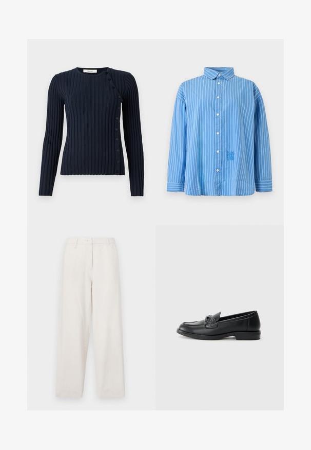 Marineblå rillestrikket langærmet sweater med rund halsudskæring og knaplukning på venstre side. Fremstillet af et blødt strikket materiale.; Blå skjorte med lange ærmer og knapper, hvide lodrette striber, spids krave og broderet blomsterdetalje foran nederst.; Beige bomuldsbukser med lige ben-design, med en knaplukning, forlommer og en ren afslutning ved enderne.; Sorte læder loafers med rund tå, en syet design og en sløjfeaccent på overlappen. Lav blokhæl og glat tekstur.