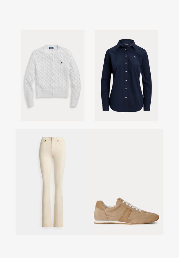 Hvid strikket cardigan med kabelmønster, rund halsudskæring og knaplukning, med ribkant forneden og ved ærmerne. Lille logo på brystet.; Navyblå langærmet skjorte med knapper, spids krave og lille hvidt broderet logo på venstre bryst.; Beige jeans med vidde ved benene og høj talje, to forlommer og lukning med knap. Glat tekstur og minimale syningsdetaljer.; Lysebrun ruskind og læder lavtop-sneaker med hvide snørebånd og hvid gummisål vist fra siden på en hvid baggrund.