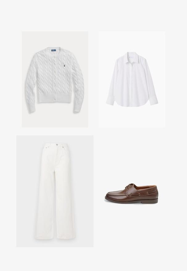 Hvid strikket cardigan med kabelmønster, rund halsudskæring og knaplukning, med ribkant forneden og ved ærmerne. Lille logo på brystet.; Hvid langærmet skjorte med knapper og spidse krave, skjulte knapper foran, lagt fladt på en ensfarvet baggrund.; Hvide højtaljede brede jeans lavet af denim. Har frontlommer, knaplukning og afrivede kantdetaljer.; Brun bådsko i læder med rundet tå og lav hæl, med dekorative snørebånd, metaløjer og syningsdetalje langs siderne.