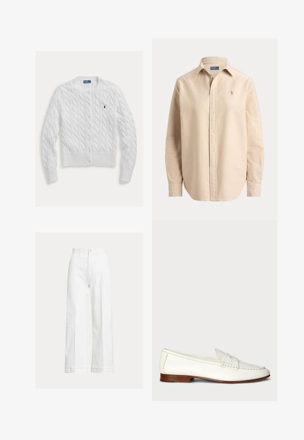 Hvid strikket cardigan med kabelmønster, rund halsudskæring og knaplukning, med ribkant forneden og ved ærmerne. Lille logo på brystet.; Beige langærmet skjorte med knapper og krave, med en lille broderet logo på venstre bryst og klassiske manchetter.; Hvide vidde bukser i bomuld med høj talje, knaplukning og diskrete pressekeder, der løber langs forsiden.; Hvide læder loafers med en struktureret overflade, rund tå og vævet detalje. Lavt træhæl og minimalistisk design.