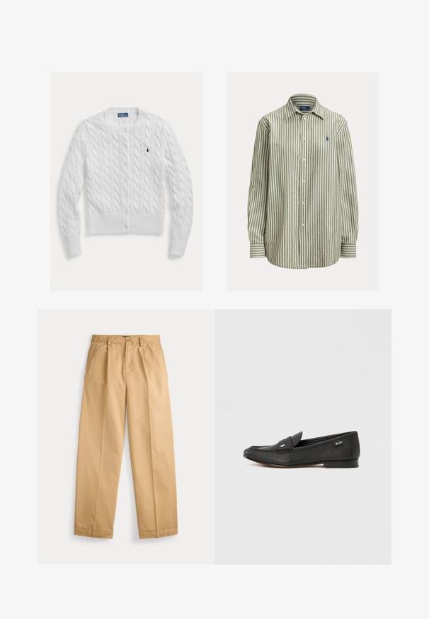 Hvid strikket cardigan med kabelmønster, rund halsudskæring og knaplukning, med ribkant forneden og ved ærmerne. Lille logo på brystet.; Grønne og hvide stribede skjorte med knapper, bomuldsstof, lange ærmer, klassisk krave, med logo i marineblåt på venstre bryst, ensfarvede manchetter.; Beige bukser med lige ben, lukning med knap og lynlås, forlommer, bæltestropper og pressede folder ned langs benene.; Sort læderloafer med tekstureret finish, penny keeper-detalje, slank profil, diskret branding på siden og lav, flad hæl.