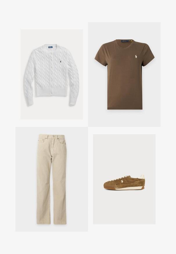 Hvid strikket cardigan med kabelmønster, rund halsudskæring og knaplukning, med ribkant forneden og ved ærmerne. Lille logo på brystet.; Brun bomulds-T-shirt med klassisk rund hals, korte ærmer og lille hvid logo på brystet. Glat tekstur, almindelig pasform.; Beige manchesterbukser med lige ben, forlommer, bæltestropper og lukning med knap, vist på en ensfarvet baggrund.; Brun ruskind sneaker med hvide snørebånd, hvidt logo på siden og hvid hælkappe, vist i profil på en ensartet baggrund.
