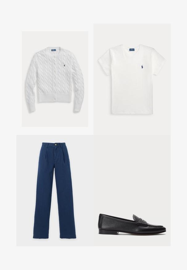Hvid strikket cardigan med kabelmønster, rund halsudskæring og knaplukning, med ribkant forneden og ved ærmerne. Lille logo på brystet.; Enkelt hvid T-shirt med korte ærmer med et lille navyblåt Polo Ralph Lauren-logo på venstre bryst og et blåt mærke indeni kraven.; Marineblå bukser med lige ben, plisseringer, bæltestropper, knappelukning og lynlås på en ensartet lys baggrund.; Sorte læder loafers med struktureret finish, der har en dekorativ rem og flad hæl. Slank, minimalistisk design med rund tå.