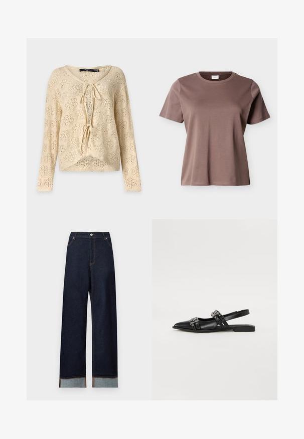 Haut beige en crochet à manches longues avec deux liens à l'avant et motif floral ajouré, présenté sur un fond clair uni.; T-shirt en coton marron mauve à manches courtes et col rond, coupe décontractée, présenté sur un fond clair uni.; Jean bleu foncé taille haute à jambes larges avec revers contrastants et coutures orange visibles sur fond blanc uni.; Even&Odd Ballerines à brides arrière - black