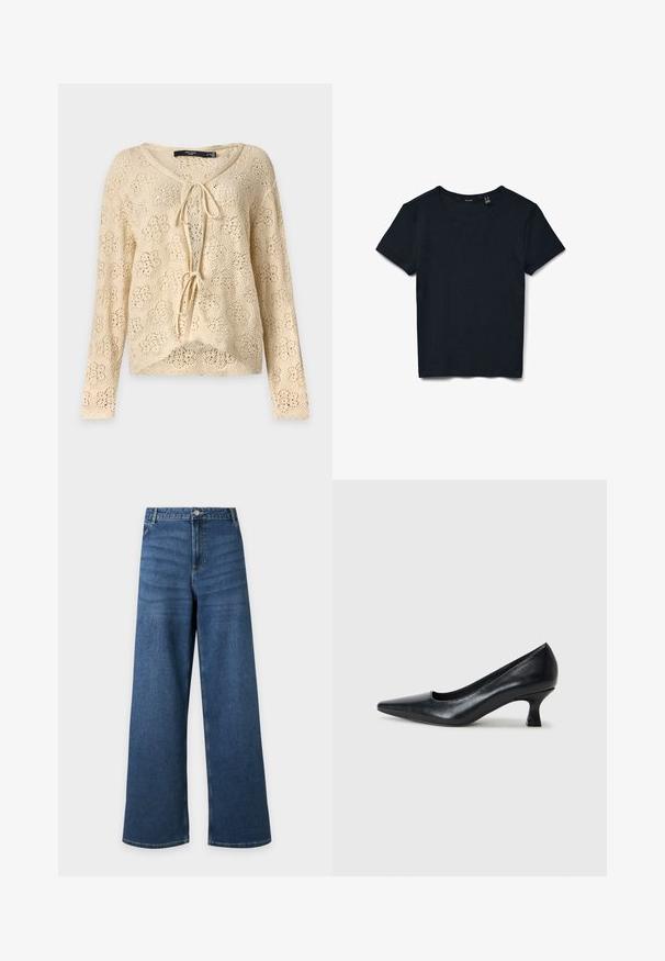 Haut beige en crochet à manches longues avec deux liens à l'avant et motif floral ajouré, présenté sur un fond clair uni.; T-shirt noir à manches courtes en tricot côtelé avec encolure ronde, posé à plat sur fond blanc.; Jean denim bleu à jambes larges avec fermeture avant par boutons et fermeture éclair, poches avant et passants de ceinture, présenté à plat sur un fond clair.; Pompe en cuir noir avec un bout pointu et un petit talon carré. Texture lisse, lignes épurées, design simple sans motifs ni ornements visibles.