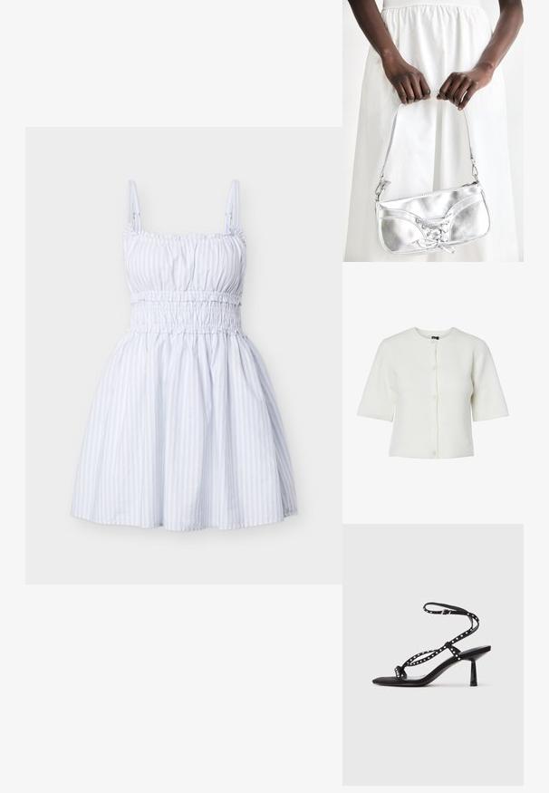 Cárdigan blanco de manga corta con un cuello redondo, textura acanalada y cierre de cinco botones; tejido suave con un corte relajado.; Vestido blanco sin mangas con finas rayas verticales, cuerpo fruncido, tirantes ajustables y falda fruncida.; Sandalias de tacón alto de ante negro con punta afilada, correa en el tobillo y detalles decorativos de tachuelas en las correas.; Bolso metálico plateado con detalle de cordones, que presenta un diseño elegante y una correa corta. El bolso está sostenido con las manos, mostrando su textura.