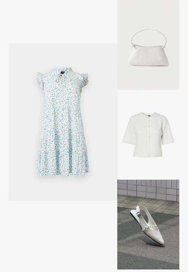 Cárdigan blanco de manga corta con un cuello redondo, textura acanalada y cierre de cinco botones; tejido suave con un corte relajado.; Vestido blanco hasta la rodilla con pequeño estampado floral azul, mangas cortas con volantes, falda de capas y detalle de lazo en el escote alto.; Zapato plano blanco con punta puntiaguda y diseño slingback con dos hebillas plateadas, mostrado al aire libre sobre un suelo texturizado y fondo de pared con azulejos.; Bolso de mano de cuero blanco tejido con asa redondeada y extremos de la correa anudados, exhibido sobre un fondo liso.