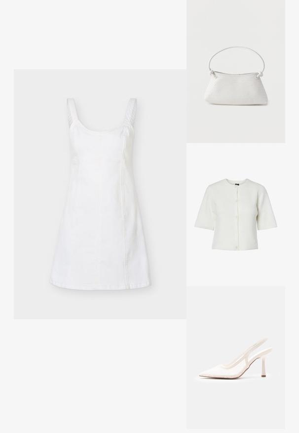 Biely krátky cardigan s krátkym rukávom, okrúhlym výstrihom, ryhovanou textúrou a zapínaním na päť gombíkov; mäkký materiál s voľným strihom.; Biele priliehavé šaty bez rukávov so štvorcovým výstrihom a viditeľnými švovými detailmi, zobrazené na jednofarebnom pozadí.; Biely vysoký podpätok so špicatou špičkou a remienkom na päte, horná časť z čipkovanej sieťoviny a tenký podpätok na jednoduchom svetlosivom pozadí.; Biela tkaná kožená kabelka s okrúhlou rukoväťou a uzlovými koncami popruhov, vystavená na jednoduchom pozadí.