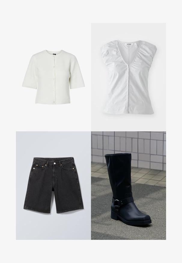 Biely krátky cardigan s krátkym rukávom, okrúhlym výstrihom, ryhovanou textúrou a zapínaním na päť gombíkov; mäkký materiál s voľným strihom.; Svetlošedá blúzka s krátkym rukávom a hlbokým výstrihom do V. Má zhromaždené detaily na pleciach a rovný spodný lem, je vyrobená z jemnej, hladkej látky.; Čierne denimové šortky s predným gombíkom, očkami na opasok a dizajnom s piatimi vreckami, zobrazné na neutrálnej sivej podkladovej ploche.; Čierna kožená topánka po lýtko s nízkym blokovým podpätkom a dekoratívnym remienkom s kovovou prackou okolo členka, na dlaždenom chodníku.