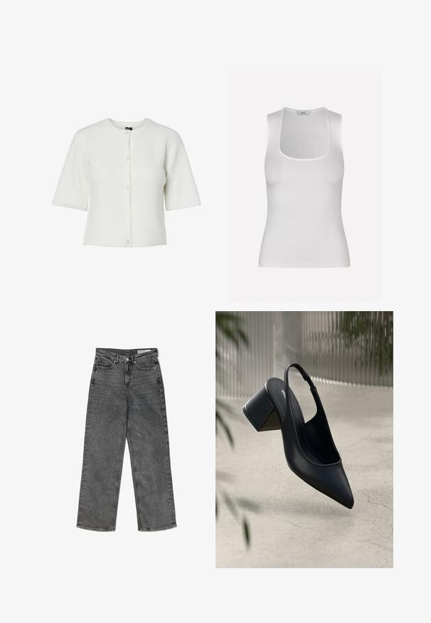 Biely krátky cardigan s krátkym rukávom, okrúhlym výstrihom, ryhovanou textúrou a zapínaním na päť gombíkov; mäkký materiál s voľným strihom.; Envii MARTA TEE - Top - white; Vysoké čierne umývané džínsy s rovnými nohavicami, prednými vreckami, pútkami na opasok, zapínaním na gombík a s vnútornou nášivkou so značkou.; Čierne kožené sandále na podpätku so špicatou špičkou a blokovým podpätkom. Hladká textura, minimalistický dizajn a nastaviteľný remienok okolo členka.