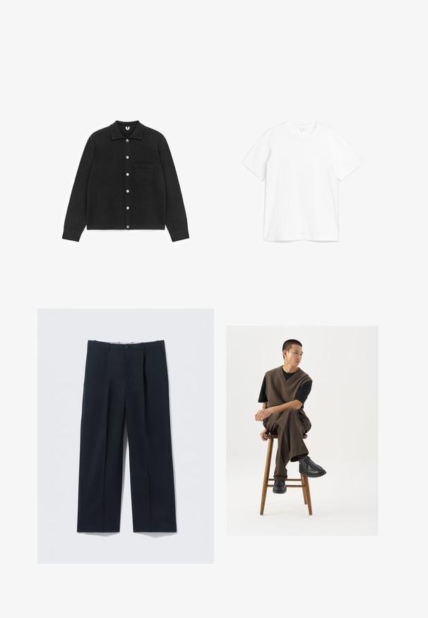 Cardigan noir boutonné en tissu doux. Il possède un col, des manches longues et une poche poitrine. Les boutons sont blancs. Texture lisse.; T-shirt en coton blanc avec un col rond et des manches courtes. Le tissu semble lisse avec un design classique et droit.; Pantalon bleu marine foncé en tissu lisse, avec une coupe ajustée, deux poches avant et une fermeture par bouton.; Gilet en tricot marron sur un t-shirt noir, associé à un pantalon large marron et des chaussures noires à semelles épaisses, assis sur un tabouret en bois.