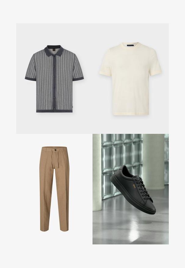 Chemise grise à manches courtes avec boutons, rayures noires verticales, col, poignets et ourlet noirs, posée à plat sur fond blanc.; T-shirt à manches courtes couleur crème, col rond, design uni, présenté sur un fond gris clair plat.; Pantalon droit marron clair avec fermeture par bouton et cordon, passants de ceinture et texture subtile du tissu sur fond blanc.; Baskets basses en cuir noir avec lacets noirs et logo BOSS doré sur le côté, flottant au-dessus d’un sol gris brillant dans un espace intérieur moderne.