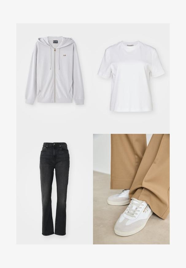 Sudadera con cremallera en gris claro, hecha de tela suave, que incluye capucha, cremallera dorada y un pequeño logo en el pecho. Textura suave y corte relajado.; AllSaints LISA TEE - Camiseta básica - white; Jeans de mezclilla negros de tiro alto con piernas rectas, diseño de cinco bolsillos, cierre frontal con botón y detalles de costura mínimos.; Zapatillas blancas con detalles de ante, cordones texturizados y suela de goma. Combinadas con un pantalón suelto en tono marrón claro. Logo exhibido en el lateral.