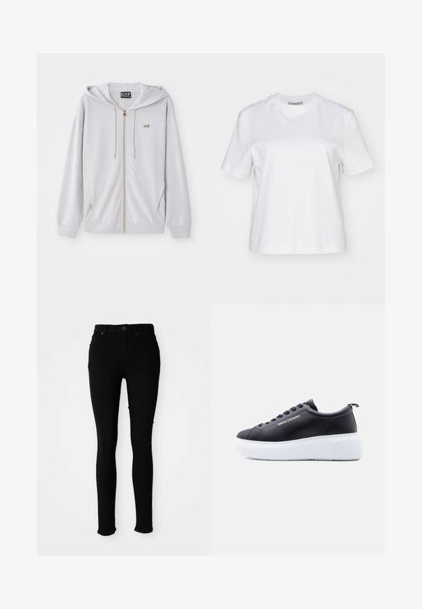 Sudadera con cremallera en gris claro, hecha de tela suave, que incluye capucha, cremallera dorada y un pequeño logo en el pecho. Textura suave y corte relajado.; AllSaints LISA TEE - Camiseta básica - white; Jeans ajustados negros de denim con una textura suave, que cuentan con cierre de botón, trabillas para el cinturón y sin ningún desgaste visible.; Zapatilla baja negra con suela plataforma blanca, logo de Armani Exchange en el lateral y la suela, cordones negros y tirador en el talón.