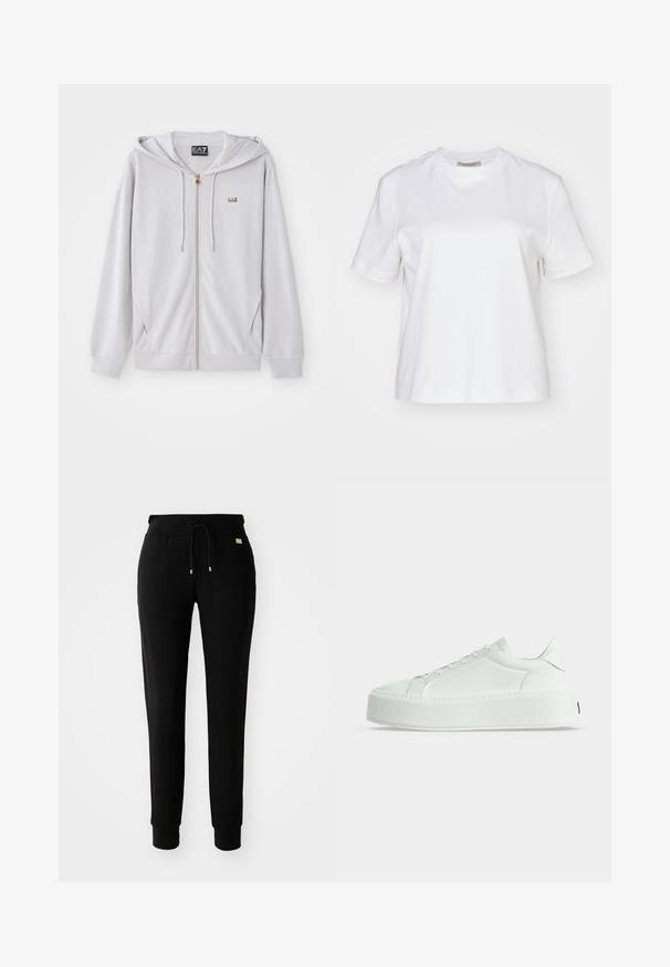 Lys grå zip-hoodie lavet af blødt stof, med hætte, gylden lynlås og et lille logo på brystet. Glat tekstur og afslappet pasform.; AllSaints LISA TEE - T-shirts basic - white; Sorte tapered sweatpants med snøre i taljen og manchetter ved anklerne, præsenteret på en simpel hvid baggrund.; Hvid lavtop sneaker med tekstureret læder, tyk platåsål og snørelukning, vist i profil på ensfarvet baggrund.