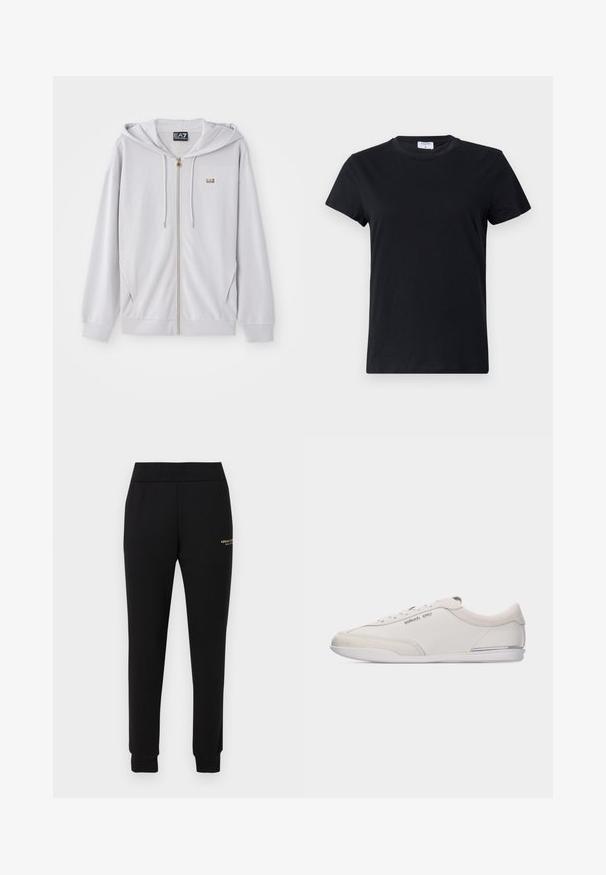 Helle graue Zip-Hoodie aus weichem Material, mit Kapuze, goldfarbenem Reißverschluss und kleinem Logo auf der Brust. Glatte Textur und lässiger Schnitt.; Schwarzes T-Shirt mit kurzen Ärmeln aus Baumwolle, mit Rundhalsausschnitt und einer einfachen, glatten Textur ohne bedrucktes Design oder Akzente.; Schwarze, schmal zulaufende Jogginghose mit elastischem Bund und Bündchen, versehen mit kleinem goldenem „Armani Exchange“-Logo am rechten Oberschenkel.; Niedrig geschnittener weißer und beiger Schnürschuh mit glatten Leder- und Wildlederdetails, mit kleinem Michael Kors-Logo an der Seite.