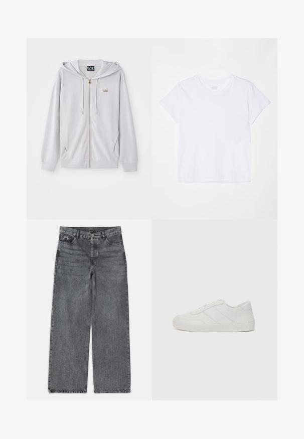 Sudadera con cremallera en gris claro, hecha de tela suave, que incluye capucha, cremallera dorada y un pequeño logo en el pecho. Textura suave y corte relajado.; FRAME BABY TEE - Camiseta básica - white; Jeans de pierna ancha en denim gris oscuro. Presentan una cintura alta, diseño de cinco bolsillos y cierre delantero de botón. Textura suave con un sutil desgastado.; Zapatilla blanca de cuero con cordones planos, puntera redondeada y detalles de costura sutiles. Presenta una suela texturizada y un logotipo de la marca en relieve en el talón.
