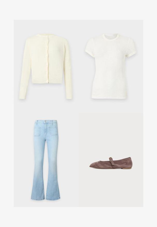 Cardigan tricoté de couleur crème avec manches longues, encolure ronde et six boutons sur le devant, présenté sur un fond uni.; T-shirt blanc en maille côtelée à manches courtes avec col rond et manches légèrement bouffantes.; Jean en denim bleu clair avec une taille haute, des poches plaquées à l'avant et des jambes évasées sur un fond neutre.; Chaussure plate Mary Jane en daim marron avec un bout pointu et une petite bride à boucle dorée sur fond blanc.