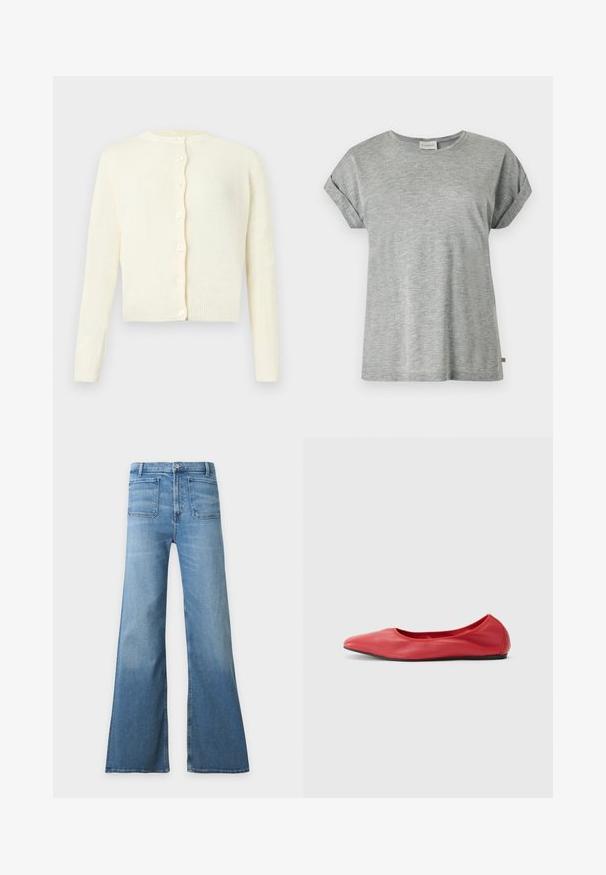 Cardigan tricoté de couleur crème avec manches longues, encolure ronde et six boutons sur le devant, présenté sur un fond uni.; T-shirt en coton gris clair à manches courtes avec revers aux manches et col rond, présenté à plat sur fond blanc.; Jean en denim bleu clair taille haute avec jambes larges évasées, poches plaquées à l’avant, fermeture par boutons et passants de ceinture.; Filippa K REY FLATS - Ballerines - bright red