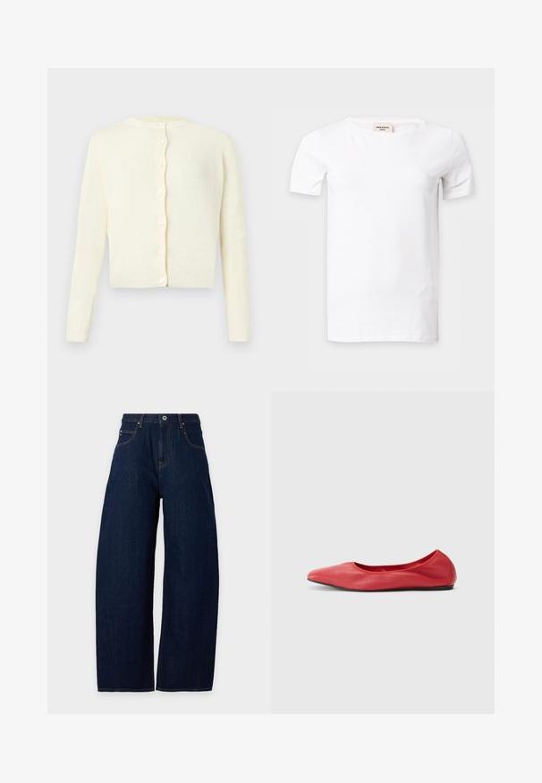 Cardigan tricoté de couleur crème avec manches longues, encolure ronde et six boutons sur le devant, présenté sur un fond uni.; T-shirt blanc uni à manches courtes avec un col rond, présenté sur un fond gris clair.; Jean bleu foncé à jambes larges avec poches avant, passants de ceinture et fermeture bouton et zip sur fond uni.; Filippa K REY FLATS - Ballerines - bright red